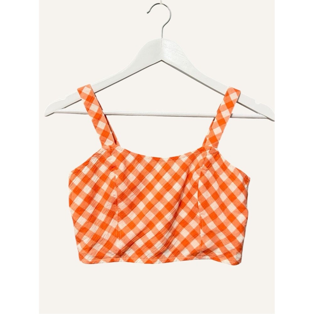 Aerie Gingham Crop Top NWT Size XS Coral Orange Fitted Corset Smocked Back